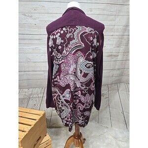 Chicos Cardigan Womens 3 US XL Open Front‎ Purple Cotton Blend Ribbed Paisley